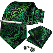 Green Golden Floral Men's Tie Handkerchief Cufflinks Clip Set