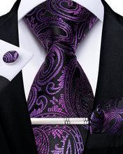 Black Purple Floral Men's Tie Handkerchief Cufflinks Clip Set
