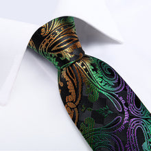 Black Purple Golden Floral Men's Tie Handkerchief Cufflinks Clip Set