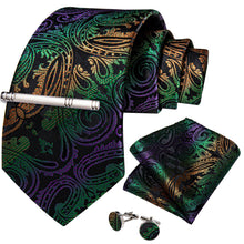Black Purple Golden Floral Men's Tie Handkerchief Cufflinks Clip Set