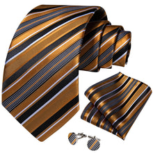 Black Champagne Stripe Men's Tie Pocket Square Cufflinks Set