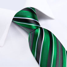 Green Black Stripe Men's Tie Handkerchief Cufflinks Clip Set