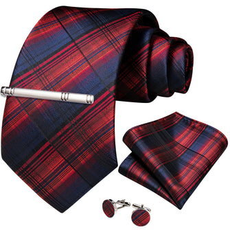 Blue Red Stripe Men's Tie Handkerchief Cufflinks Clip Set