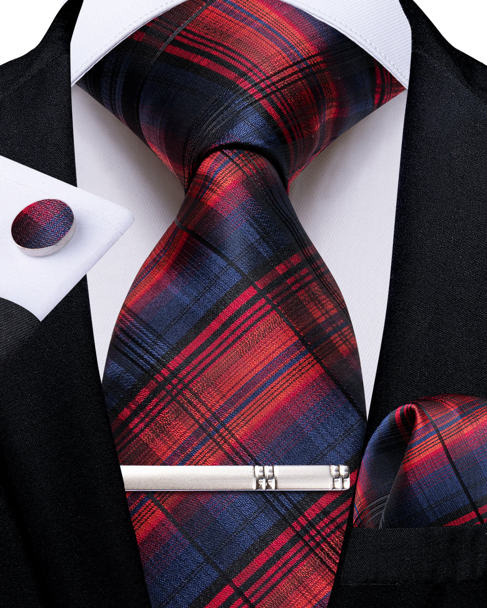 Blue Red Stripe Men's Tie Handkerchief Cufflinks Clip Set