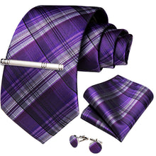 Purple White Stripe Men's Tie Handkerchief Cufflinks Clip Set