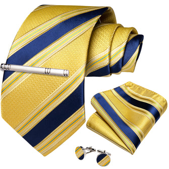 Blue Yellow Stripe Men's Tie Handkerchief Cufflinks Clip Set