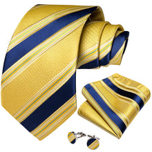 Golden Blue Stripe Men's Tie Pocket Square Cufflinks Set