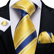 Golden Blue Stripe Men's Tie Pocket Square Cufflinks Set