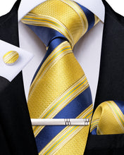 Blue Yellow Stripe Men's Tie Handkerchief Cufflinks Clip Set