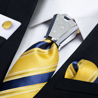 4PCS Yellow Blue Stripe Men's Tie Handkerchief Cufflinks Accessory Set