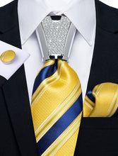 4PCS Yellow Blue Stripe Men's Tie Handkerchief Cufflinks Accessory Set