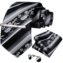 Black White Floral Men's Tie Handkerchief Cufflinks Clip Set