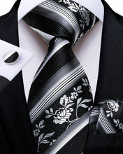 Black White Floral Stripe Splicing Men's Tie Pocket Square Cufflinks Set