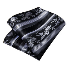 Black White Floral Men's Tie Handkerchief Cufflinks Clip Set