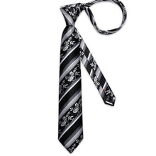 Black White Floral Stripe Splicing Men's Tie Pocket Square Cufflinks Set