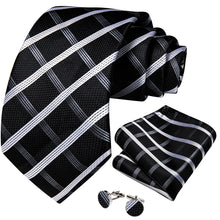 Silver White Stripe Lattice Splicing Men's Tie Pocket Square Cufflinks Set