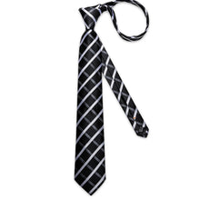 Silver White Stripe Lattice Splicing Men's Tie Pocket Square Cufflinks Set