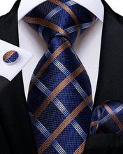 Silver Blue Stripe Blue Lattice Splicing Men's Tie Pocket Square Cufflinks Set