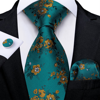Classic Green Floral Men's Tie Pocket Square Cufflinks Set