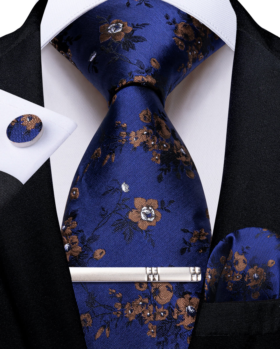 Blue Floral Men's Tie Handkerchief Cufflinks Clip Set