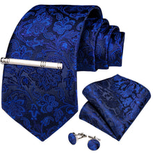 Dark Blue Floral Men's Tie Handkerchief Cufflinks Clip Set