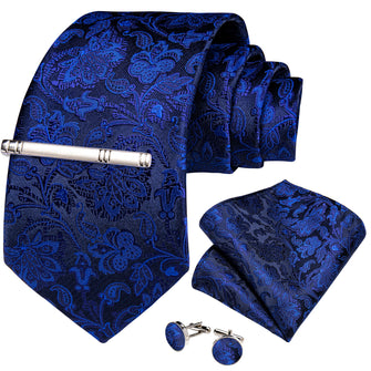 Dark Blue Floral Men's Tie Handkerchief Cufflinks Clip Set