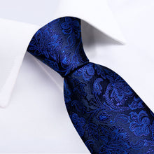 Dark Blue Floral Men's Tie Handkerchief Cufflinks Clip Set