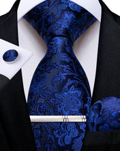 Dark Blue Floral Men's Tie Handkerchief Cufflinks Clip Set