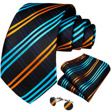 Black Blue Yellow Stripe Men's Tie Pocket Square Cufflinks Set