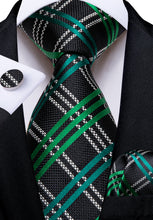 Black Green Stripe Men's Tie Pocket Square Cufflinks Set