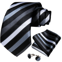 Black Cyan-blue Stripe Men's Tie Pocket Square Cufflinks Set