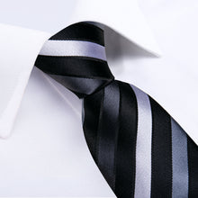 Black Grey White Stripe Men's Tie Handkerchief Cufflinks Clip Set