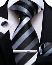 Black Grey White Stripe Men's Tie Handkerchief Cufflinks Clip Set