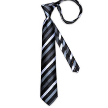 Black Cyan-blue Stripe Men's Tie Pocket Square Cufflinks Set