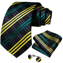 Black Golden Stripe Men's Tie Pocket Square Cufflinks Set