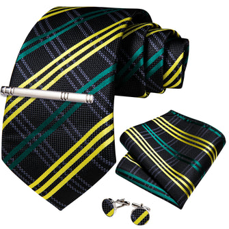 Black Yellow Stripe Men's Tie Handkerchief Cufflinks Clip Set