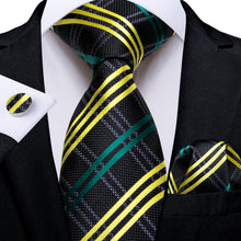 Black Golden Stripe Men's Tie Pocket Square Cufflinks Set