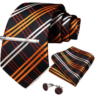 Silver Orange Stripe Men's Tie Handkerchief Cufflinks Clip Set