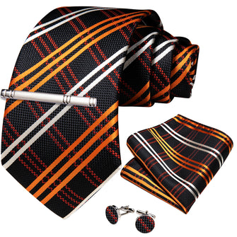 Silver Orange Stripe Men's Tie Handkerchief Cufflinks Clip Set