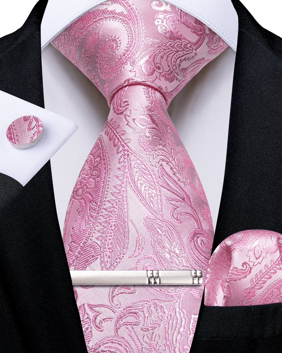 Pink Floral Men's Tie Handkerchief Cufflinks Clip Set