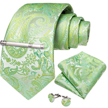 Tender Green Floral Men's Tie Handkerchief Cufflinks Clip Set