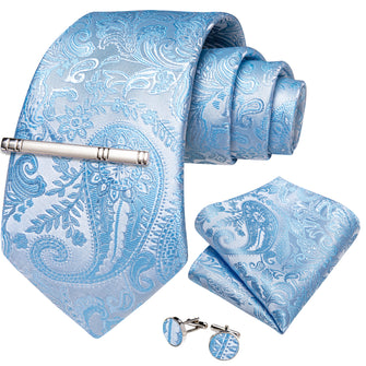 Light Blue Floral Men's Tie Handkerchief Cufflinks Clip Set