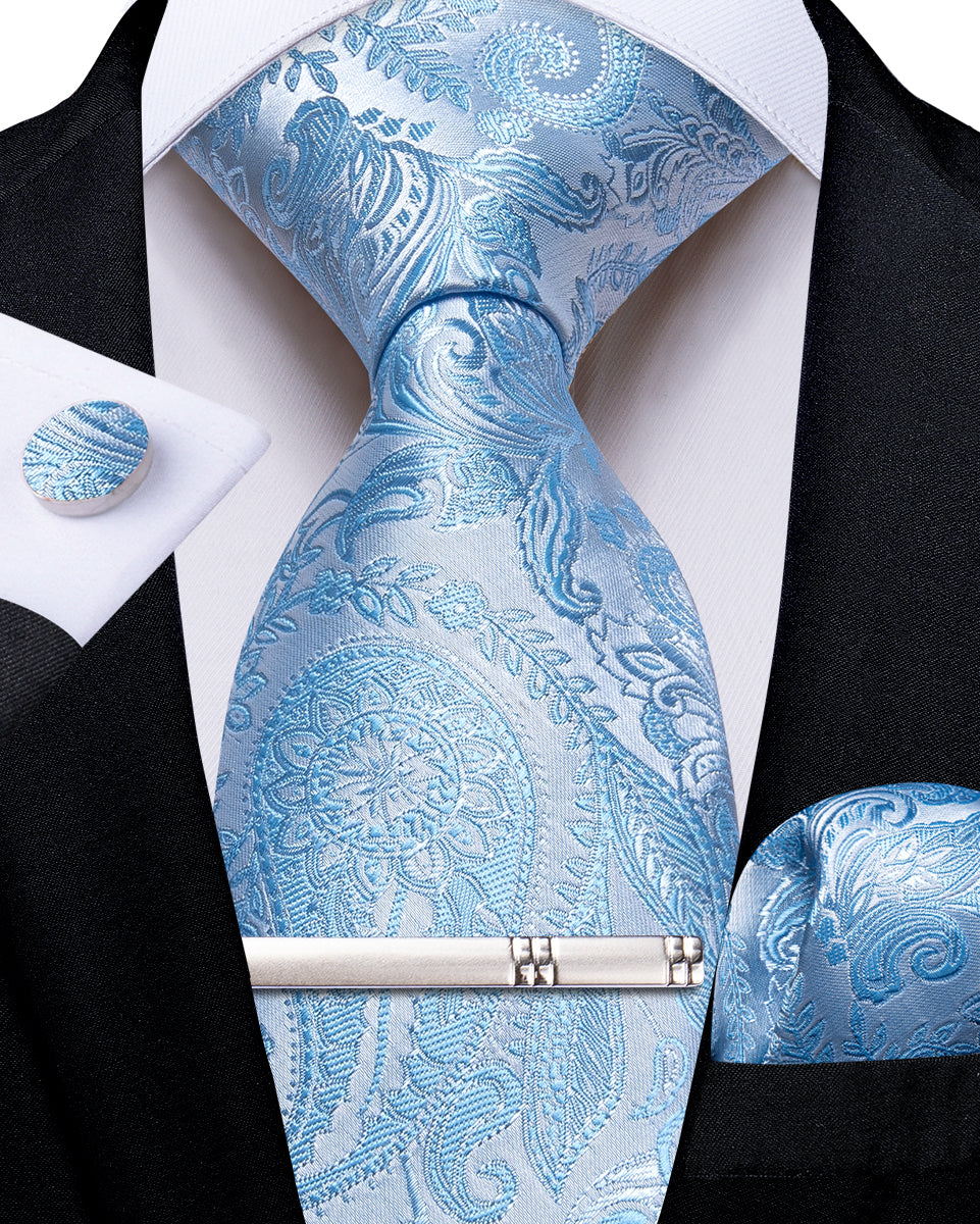 Light Blue Floral Men's Tie Handkerchief Cufflinks Clip Set