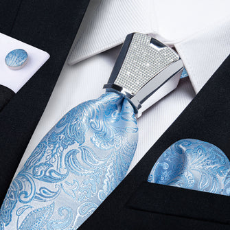 high quality silk mens sky blue paisley business formal ties pocket square cufflinks set with tie accessory ring set