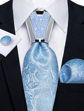 4PCS Light Blue Floral Men's Tie Handkerchief Cufflinks Accessory Set