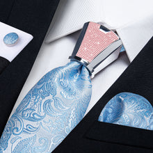 4PCS Light Blue Floral Men's Tie Handkerchief Cufflinks Accessory Set