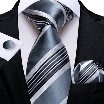 Cyan-Blue White Stripe Men's Tie Pocket Square Cufflinks Set