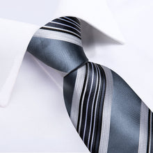 Grey Black White Floral Men's Tie Handkerchief Cufflinks Clip Set