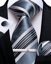 Grey Black White Floral Men's Tie Handkerchief Cufflinks Clip Set