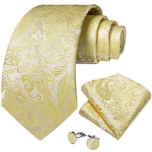 Light Yellow Floral Men's Tie Pocket Square Cufflinks Set